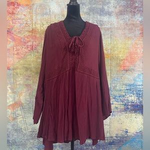 Torrid Lace Up Babydoll Top Crinkle Gauze Wine